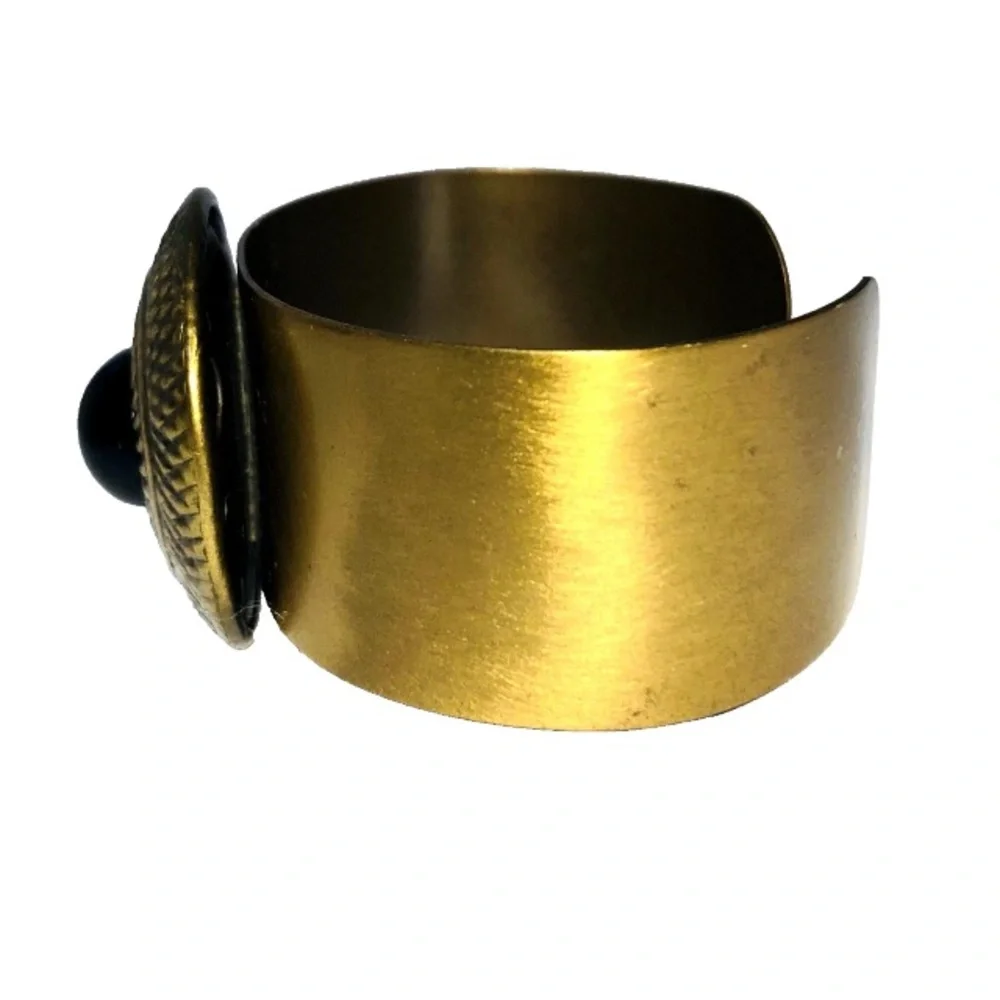 Brass Cuff Bracelet with Textured Medallion and Black Onyx Cabochon